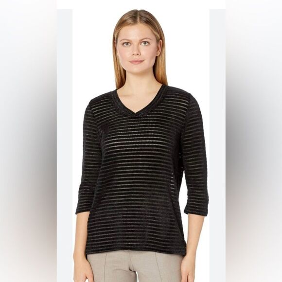 FDJ FRENCH DRESSING JEANS Black Stripe Sheer 3/4 Sleeve Top Size S/P - Picture 1 of 12